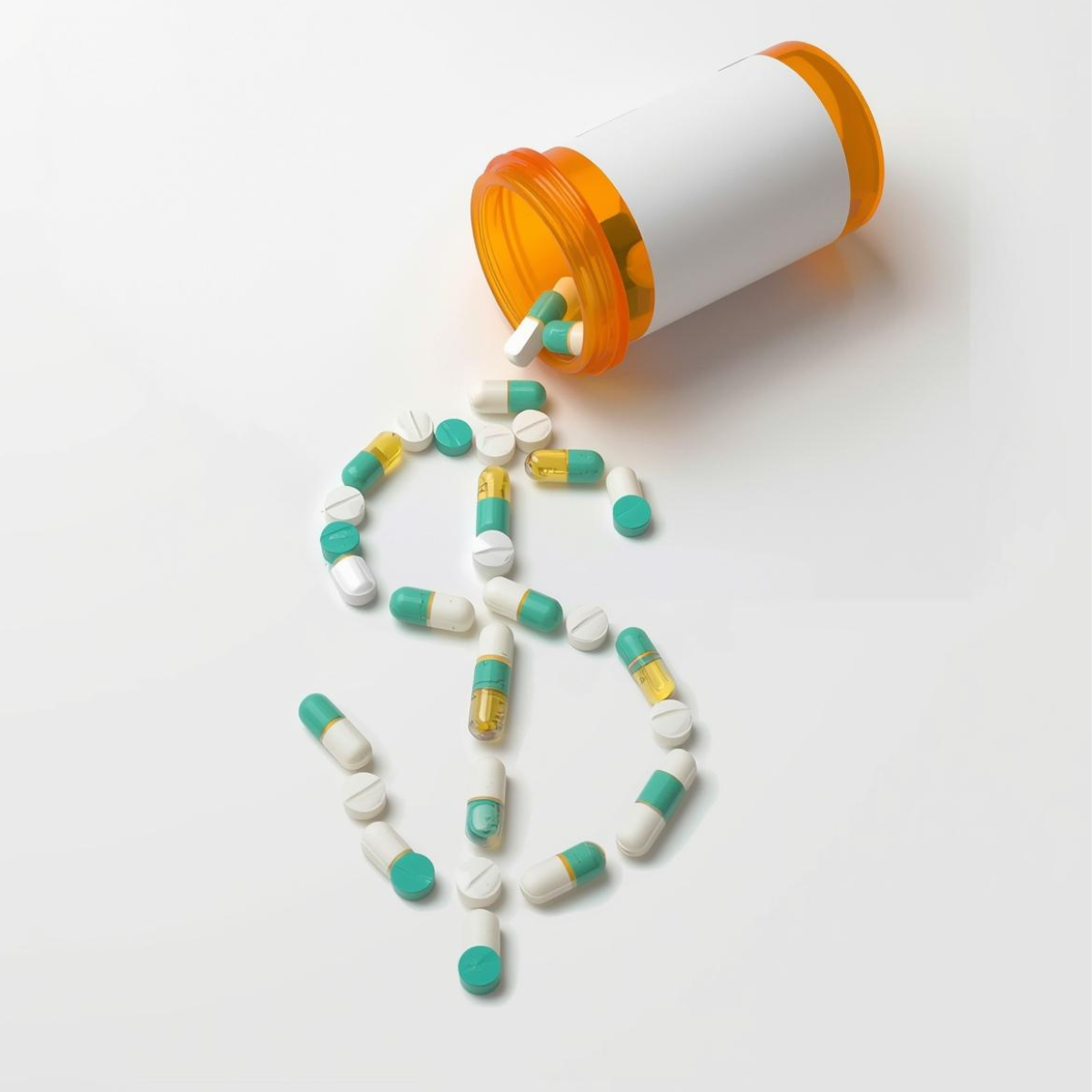 Prescription bottle spilling pills arranged in the shape of a U.S. dollar sign, representing prescription drug costs in the United States.